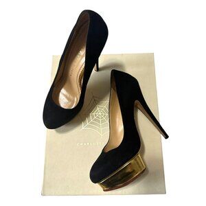 Charlotte Olympia Dolly Platform Pumps, Black Suede-Gold Leather, 38.5 EU